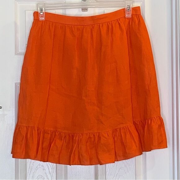 J. Crew 100% Linen Ruffle Hem Faux Wrap Mini Skirt Citrus Poppy Orange Size 10 - Picture 12 of 12